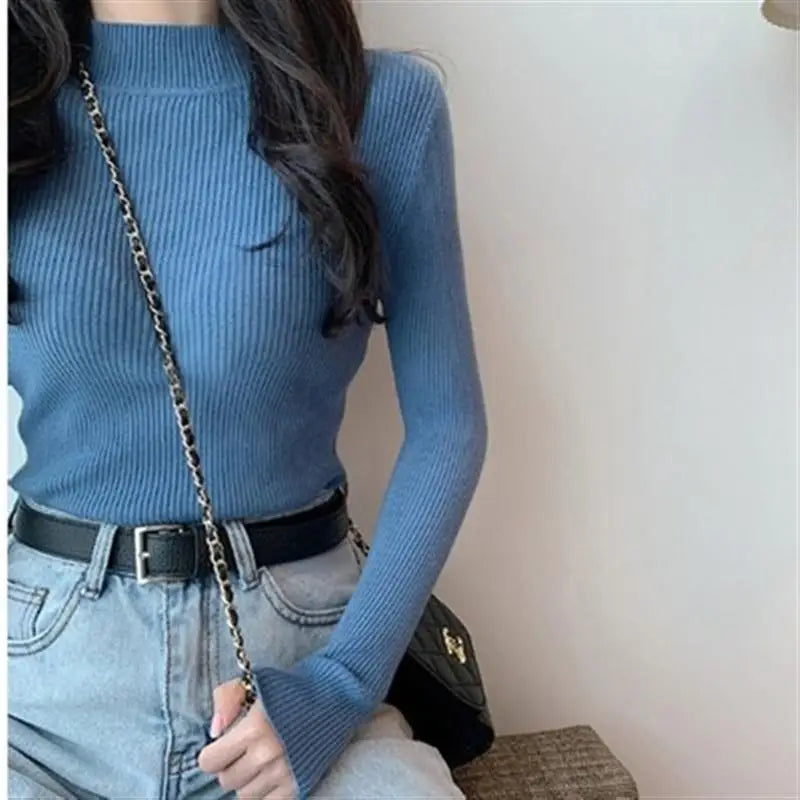 Sweater Top Women Ribbed Soft Mock Neck Elastic Pullover Warm Solid Color Slim Jumper-Dollar Bargains Online Shopping Australia