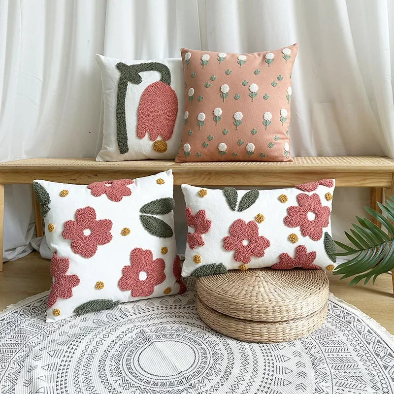 Nordic Style Flower Loop Tufted Cushion Cover Pink Plant Embroidered Decorative Pillows for Sofa Home Bedside Pillowcase-Dollar Bargains Online Shopping Australia