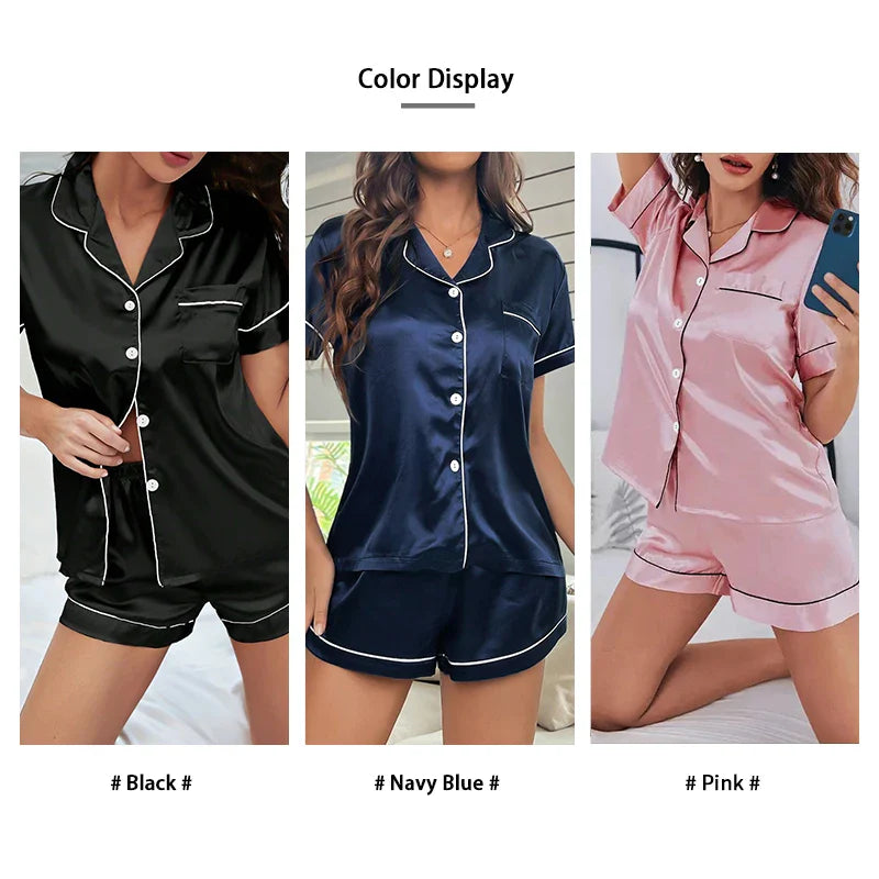 Summer Silk Satin Women Pyjamas Set Button Down Top & Shorts 2 Pieces Sleepwear Notched Collar Nightwear Loungewear for Women-Dollar Bargains Online Shopping Australia