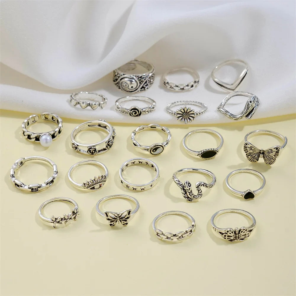 21pcs/set Punk Gothic Butterfly Snake Heart Rings Set For Women Men Vintage Silver Plated Geometric Finger Rings Party Jewelry-Dollar Bargains Online Shopping Australia