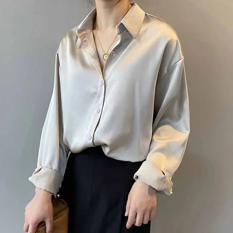 Silk Korean Office Ladies Elegant Shirt Blouse Women Fashion Button Up Satin Shirt Vintage White Long Sleeve Shirts-Dollar Bargains Online Shopping Australia