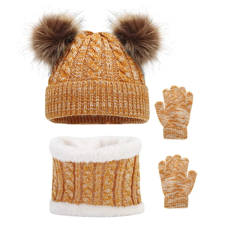 3PCS Children Winter Double Ball Knitted Hat Gloves Scarf Knitted Thickened Warm Set-Dollar Bargains Online Shopping Australia