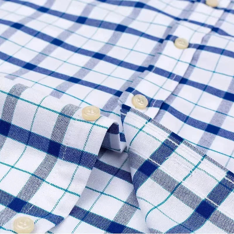 100% Cotton Men Oxford Shirt Short Sleeve Summer Plaid Striped Male Clothes Business Regular Fit Dress Shirt Oversized