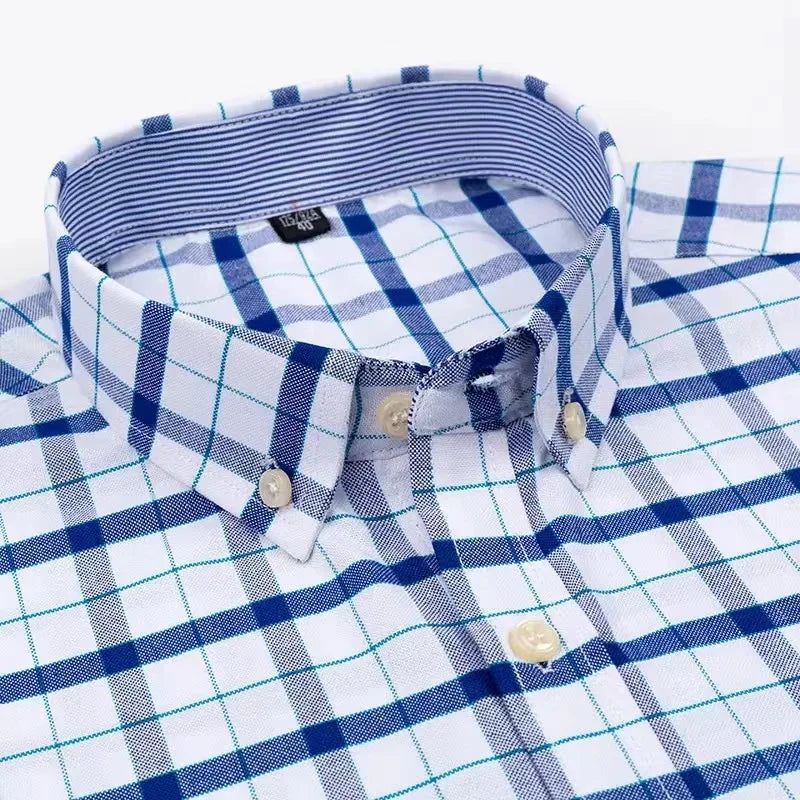 100% Cotton Men Oxford Shirt Short Sleeve Summer Plaid Striped Male Clothes Business Regular Fit Dress Shirt Oversized