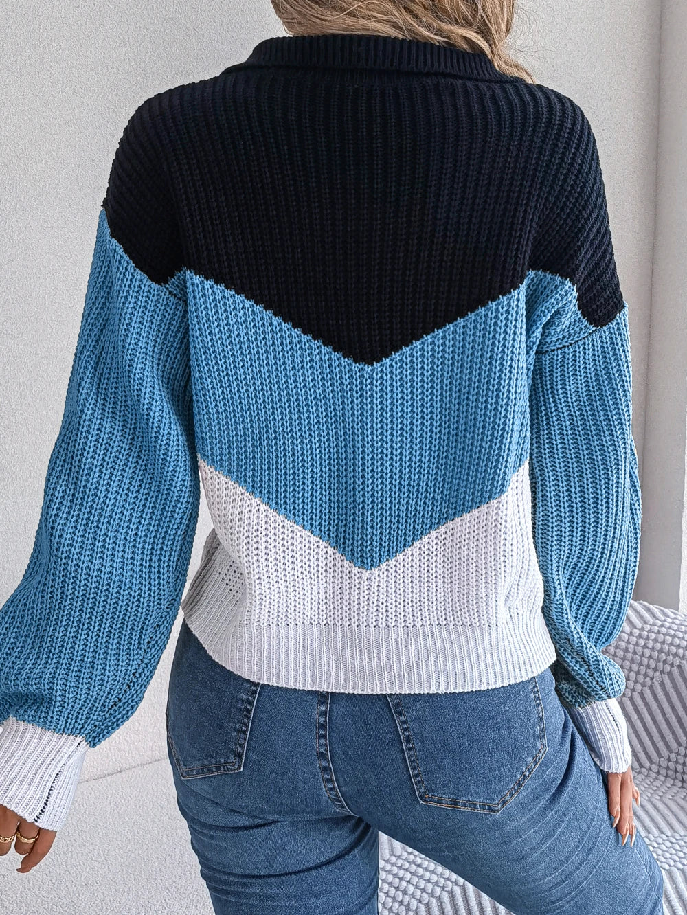 Patchwork Color Lantern Long Sleeve Knitted Sweater Women Casual Pullovers