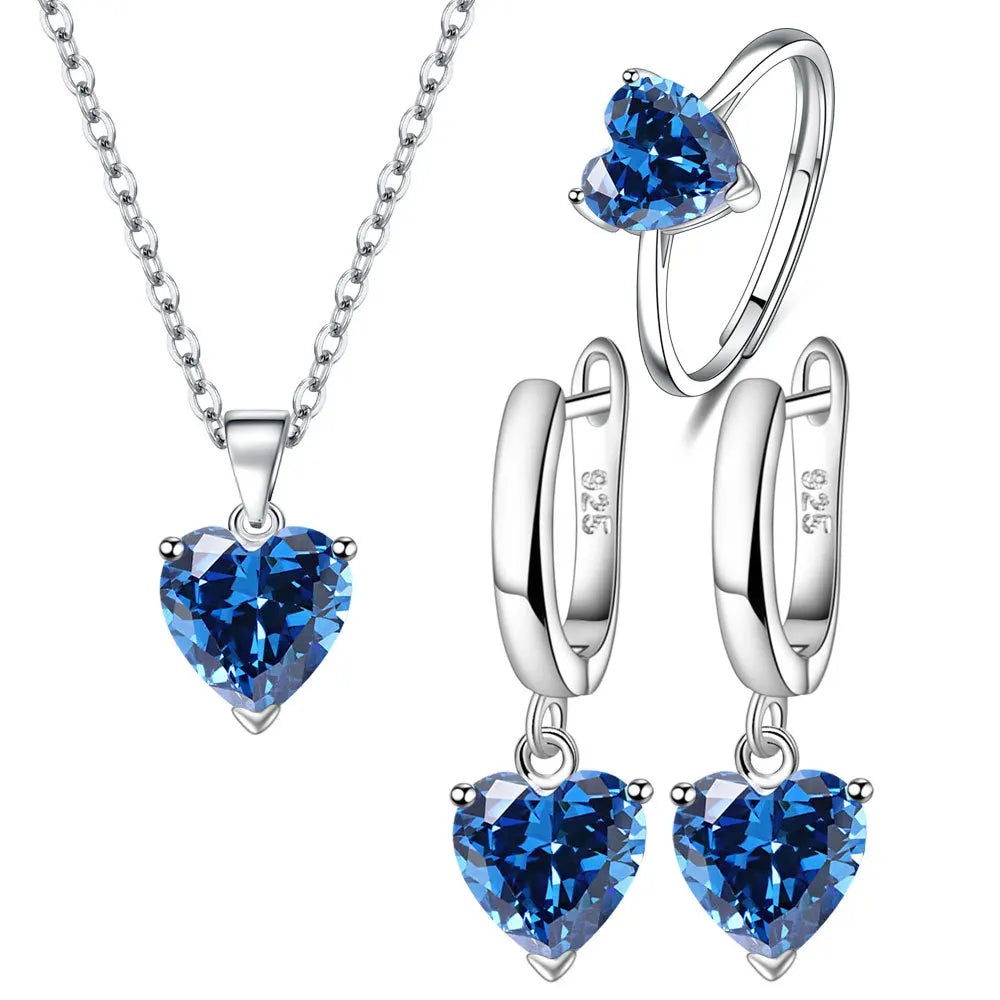 925 Sterling Silver Jewelry Sets For Women Heart Zircon Ring Earrings Necklace Wedding Bridal Elegant-Dollar Bargains Online Shopping Australia