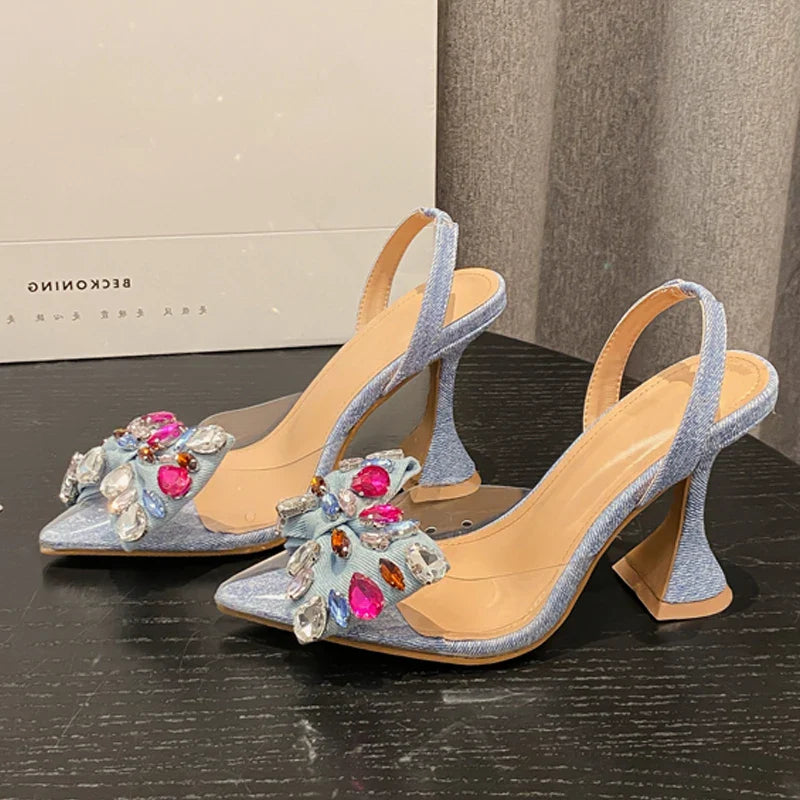 Denim Bowknot Crystal Pumps Sexy Pointed Toe High Heel Women Sandals Prom Party Spring Shoes-Dollar Bargains Online Shopping Australia