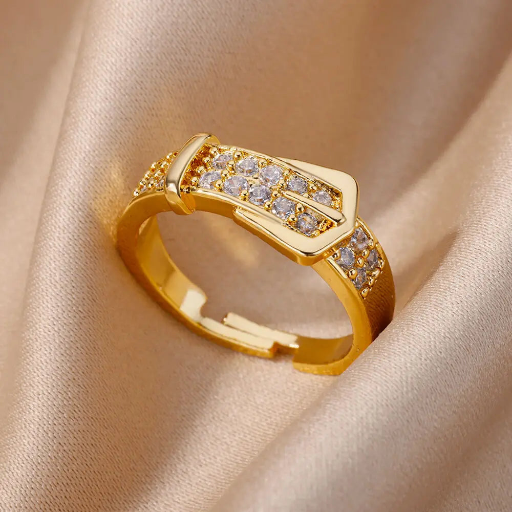 Gold Color Stainless Steel Rings For Women Chain Hollow Out Crystal Zircon Finger Ring-Dollar Bargains Online Shopping Australia