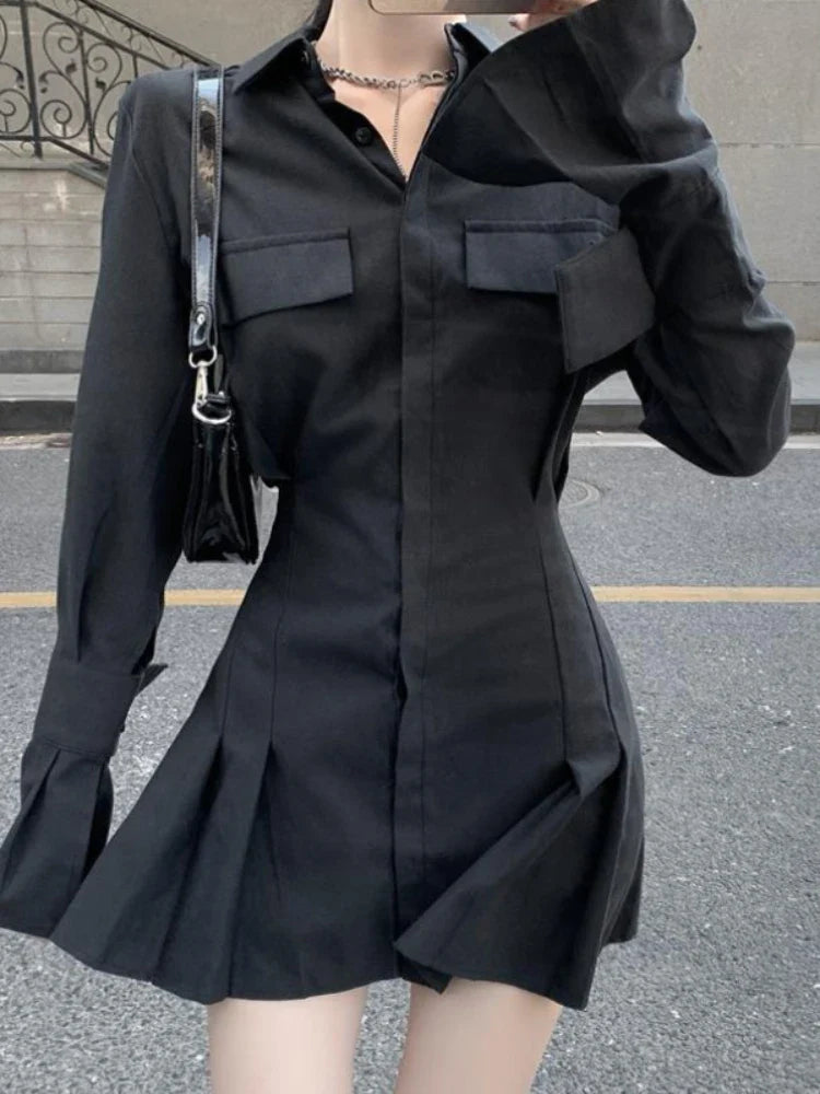 Black Shirt Dress Women Elegant Vintage Long Sleeve Dresses Sexy Gothic Pleated Streetwear Turn-down Collar Casual Robe-Dollar Bargains Online Shopping Australia