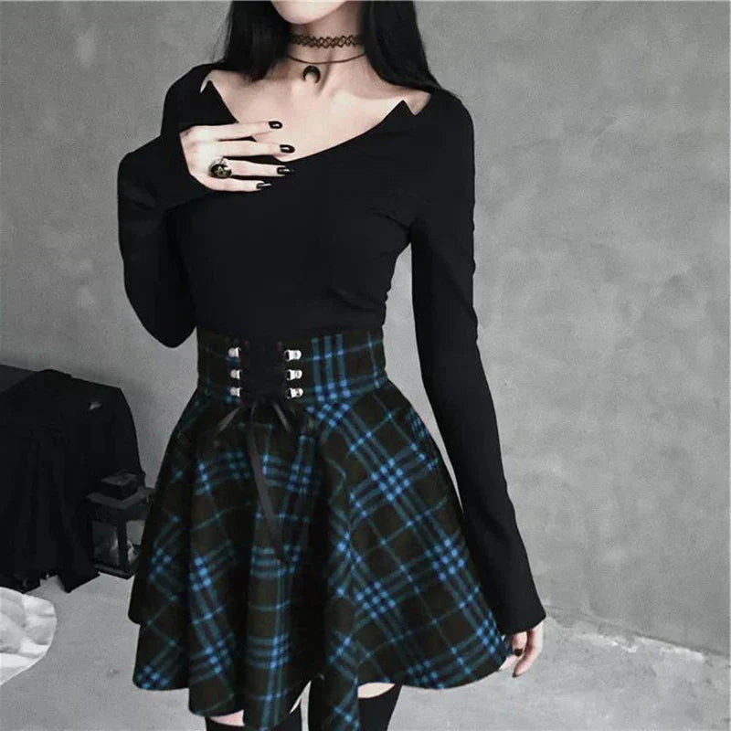 Black Checkered Women's Gothic Skirt Women Pleated Plaid Skirts Spring Autumn Girl Hip Hop Female Punk Goth Mini Skirt-Dollar Bargains Online Shopping Australia