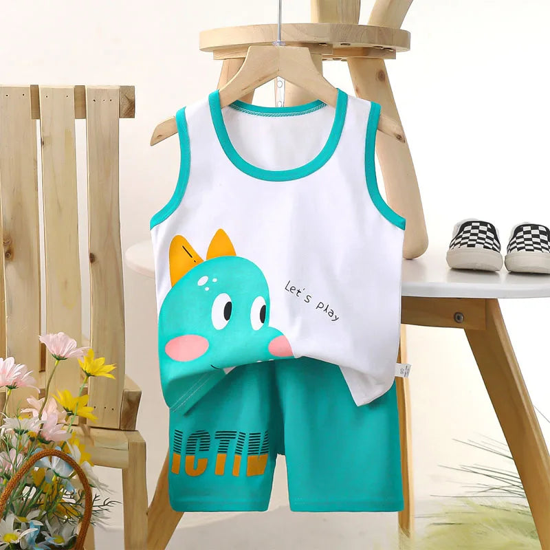 Boys Vest Set Summer Cotton New Clothes Children's Sleeveless Cartoon Wool Comfort Set Class A Thin Two-piece Set for 6-9months-Dollar Bargains Online Shopping Australia