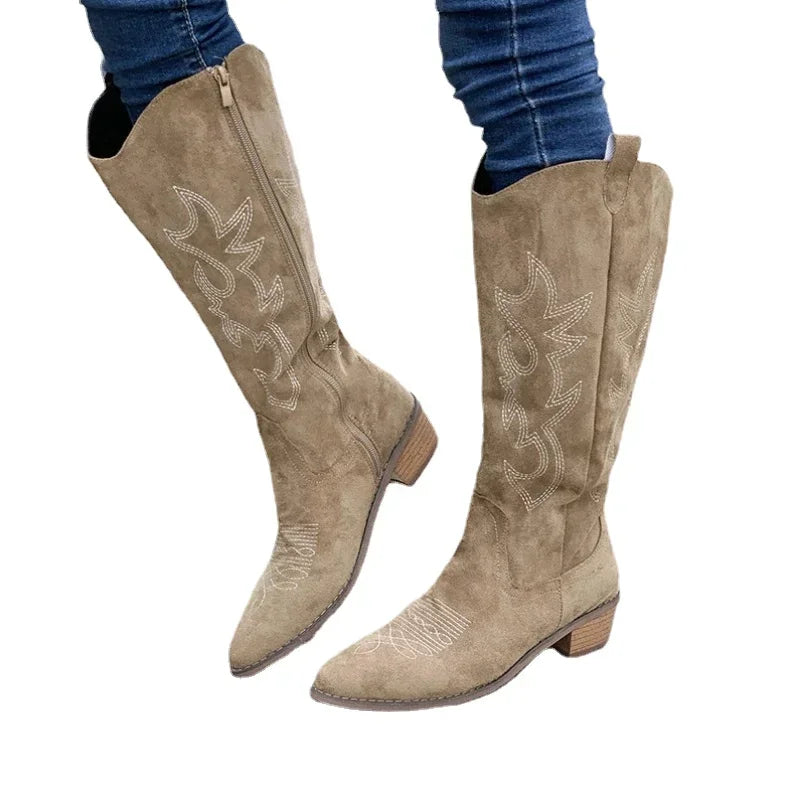 Embroidered Western Cowboy Boots for Women Autumn Pointed Toe Thick Heel High Knee Boots Woman Loose PU Leather Long-Dollar Bargains Online Shopping Australia