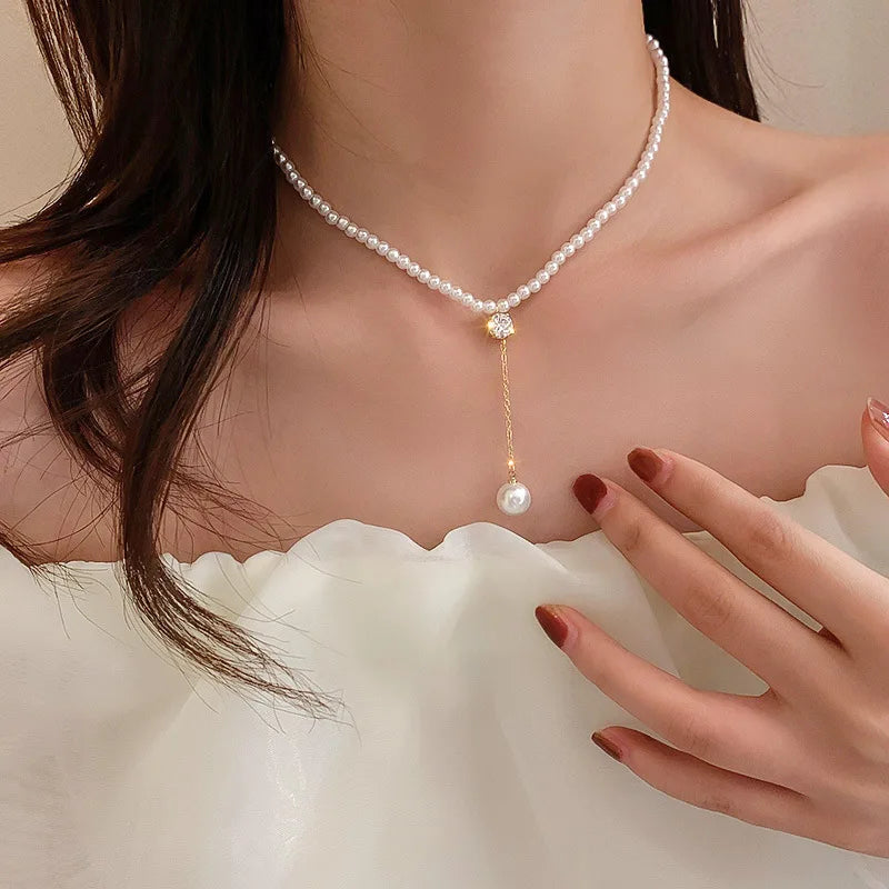 Wedding Party Jewelry Long Black Ribbon Choker Necklace For Women Elegant White Imitation Pearl Beach Vacation Necklaces-Dollar Bargains Online Shopping Australia