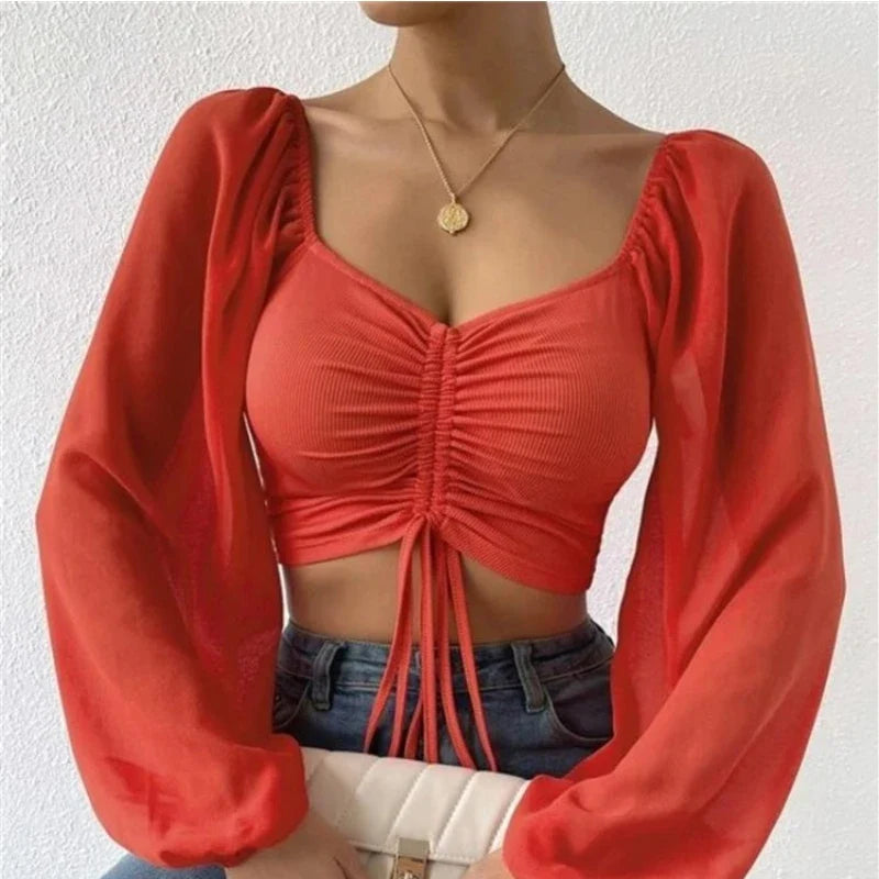 Mesh Lantern Sleeves Drawstring Wrap Chest Bare Midriff T Shirt Women Long Sleeves Bottoming-Dollar Bargains Online Shopping Australia