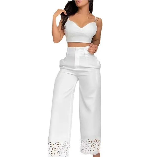 Two Piece Sets Womens Outifits V-Neck Cami Crop Top & Casual White Hollow Out Wide Leg High Waist Pants Set-Dollar Bargains Online Shopping Australia