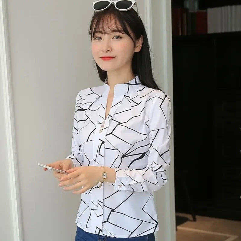 Women White Tops Women's Blouses Fashion Stripe Print Casual Long Sleeve Office Lady Work Shirts Female Slim-Dollar Bargains Online Shopping Australia