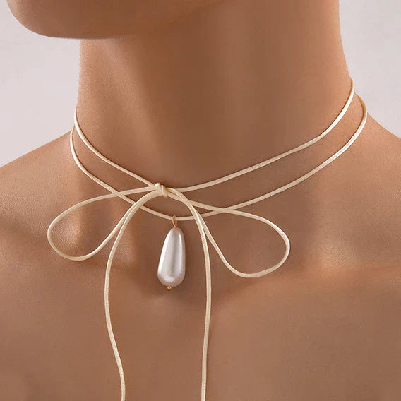 Wedding Party Jewelry Long Black Ribbon Choker Necklace For Women Elegant White Imitation Pearl Beach Vacation Necklaces-Dollar Bargains Online Shopping Australia