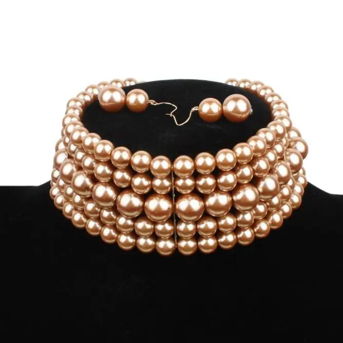 Multi-layer imitation pearl beaded short necklace earring set-Dollar Bargains Online Shopping Australia