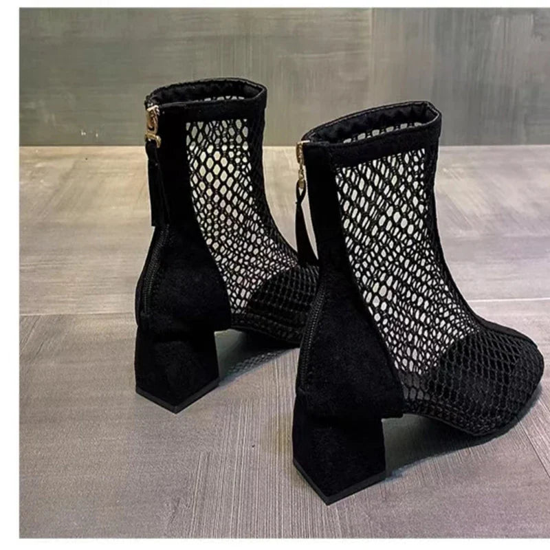 Fashionable Sports Sexy Mesh Hollow Boots Solid Color Square Thick Heel Summer Casual Sandals-Dollar Bargains Online Shopping Australia