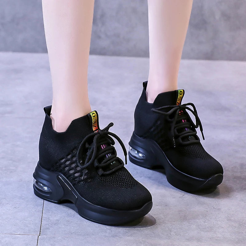 Breathable Mesh Sneakers Summer 9CM Hollow Out Sport White Shoes Woman Wedge Casual Chunky Shoes High Platform Dad Shoe Mujer