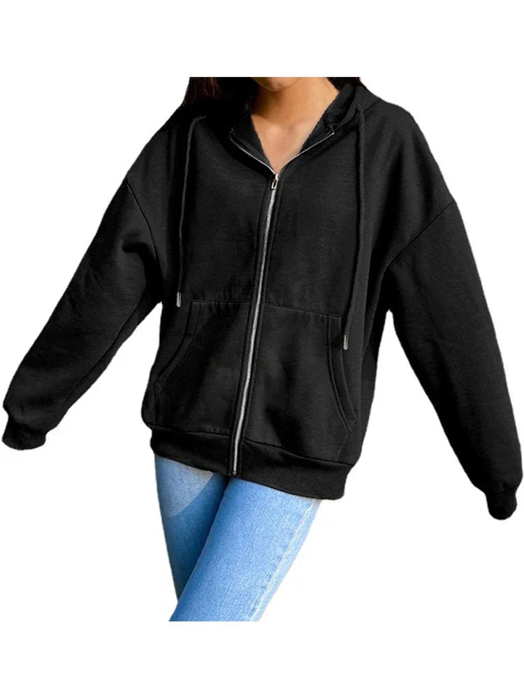 Fleece Hoodie Hooded Sweatshirts Long Sleeve Top Drawstring Pockets Loose Zipper Black Hoodies-Dollar Bargains Online Shopping Australia