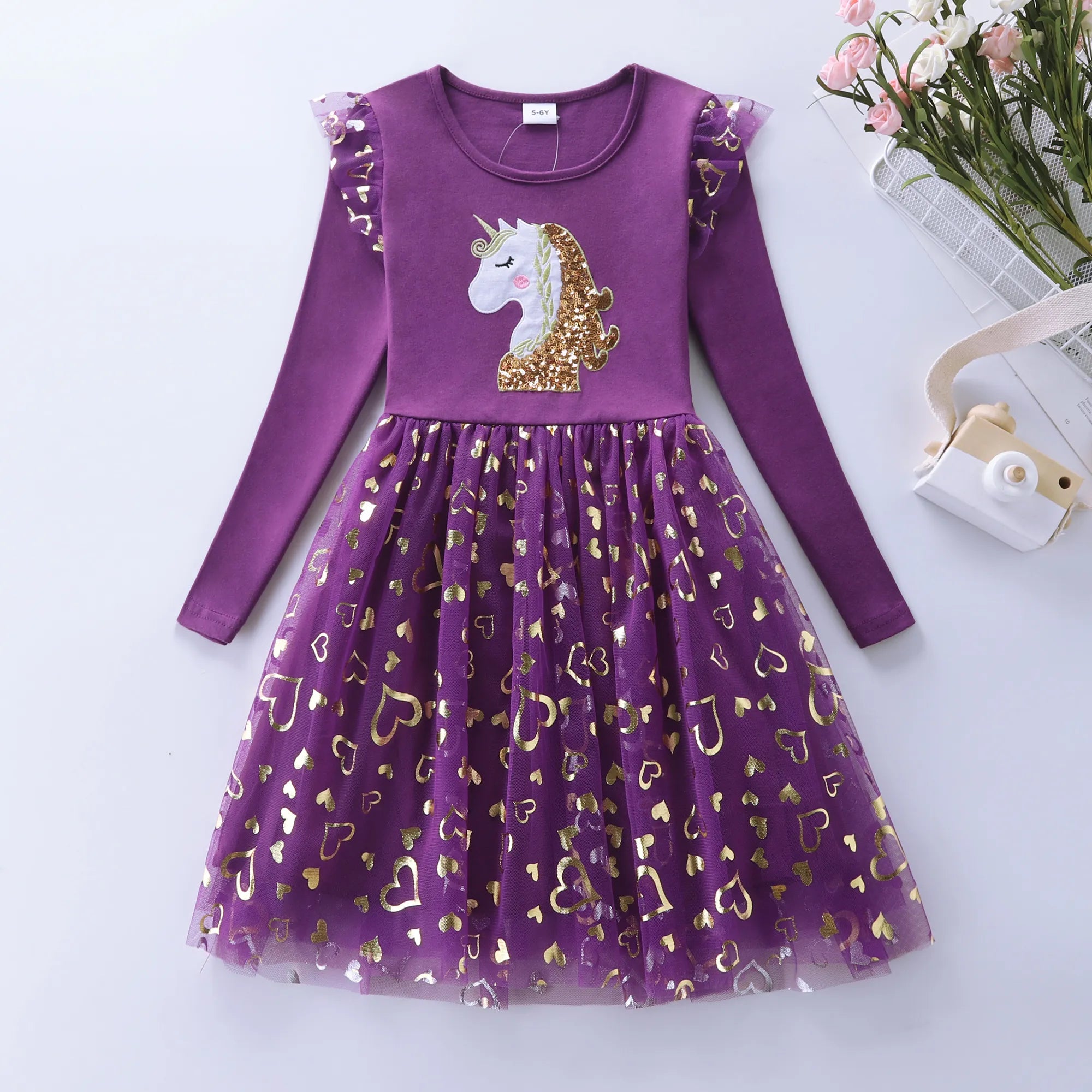 Girls Autumn Long Sleeve Mesh Cartoon Unicorn Dress-Dollar Bargains Online Shopping Australia