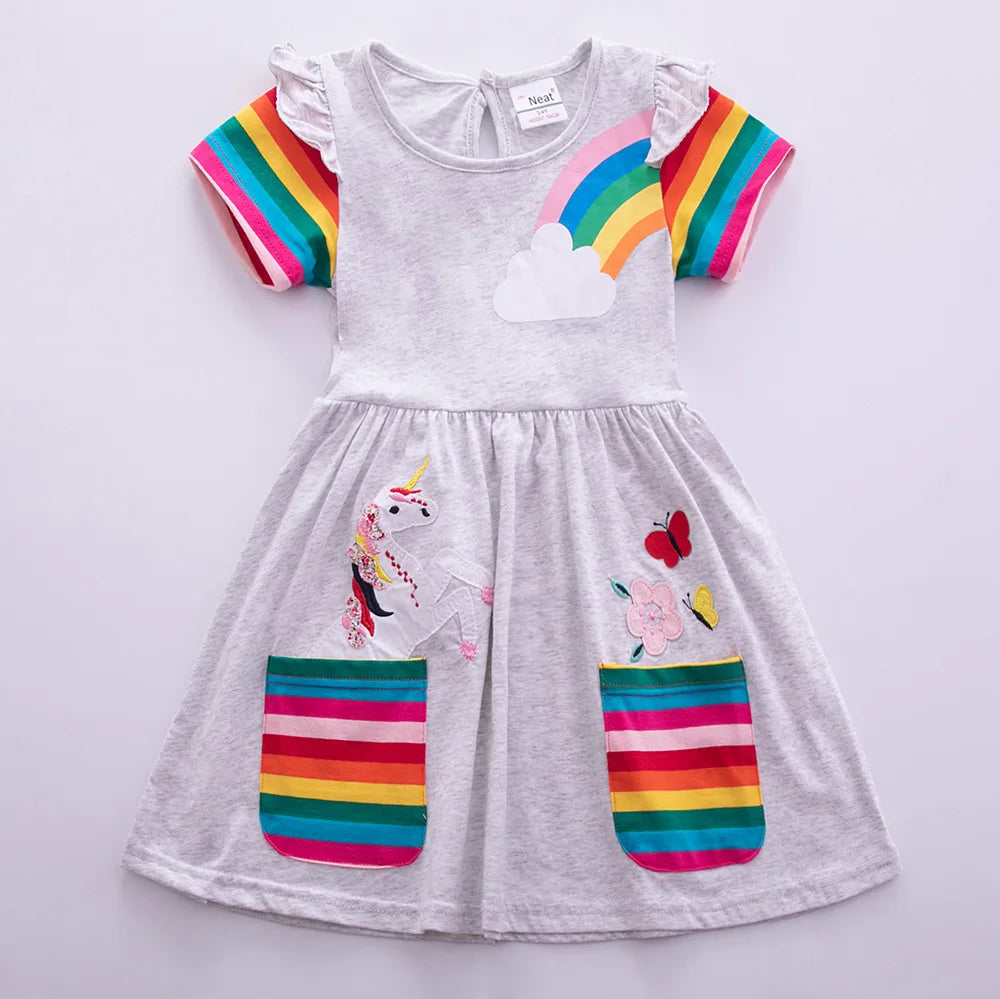 Girls Short Sleeve Unicorn Dress New Summer Embroidered Two Pockets Rainbow Sleeve-Dollar Bargains Online Shopping Australia