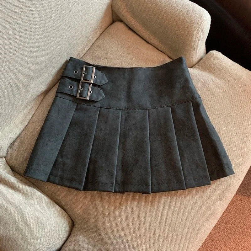 Y2K Pu Leather Mini Skirt Women Vintage High Waist Pleated Skirts Streetwear Korean Black Slim Casual A Line Skirts-Dollar Bargains Online Shopping Australia