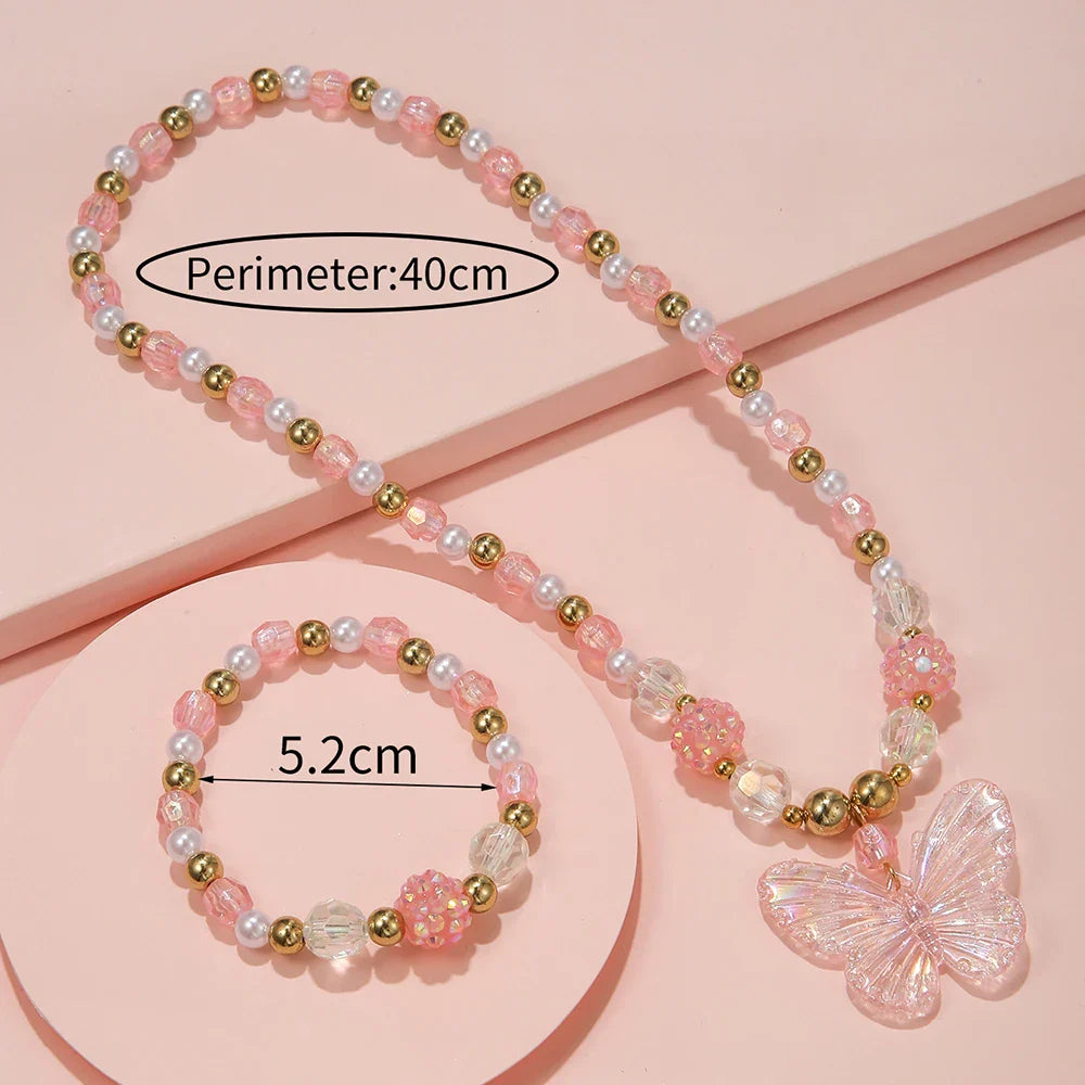 2Pcs/set Pink Butterfly Charm Necklace Bracelet Princess Girl Jewelry Set for Daughter Niece Children Best Party Birthday Gifts-Dollar Bargains Online Shopping Australia