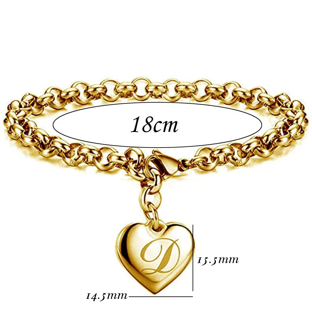 Initial Charm Gold-Color Bracelets Stainless Steel Heart 26 Letters Alphabet Bracelet for Women Girls Kids Gifts-Dollar Bargains Online Shopping Australia