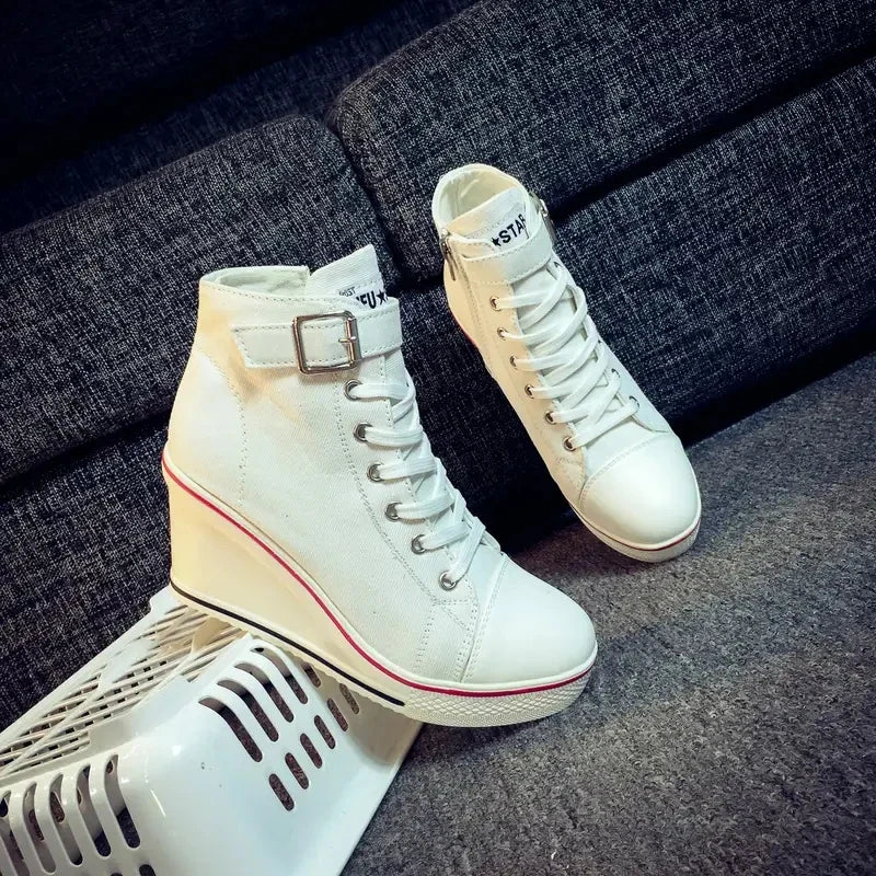 High Top Canvas Women Wedge Shoes Women's Denim Ankle Lace Up Ladies Ankle Canvas Shoes Woman 8cm Heels Sneakers-Dollar Bargains Online Shopping Australia