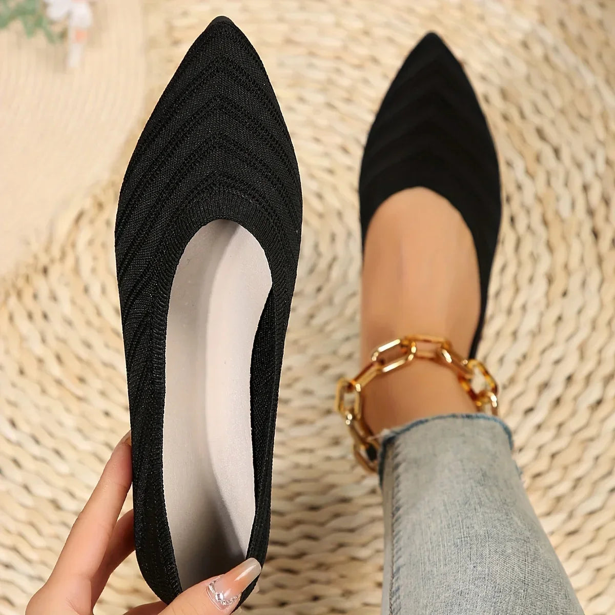 Pointed Toe Flat Shoes Women Solid Color Knitted Slip on Shoes Casual Breathable Ballet Flats Women Loafers Comfort Ladies Shoes-Dollar Bargains Online Shopping Australia