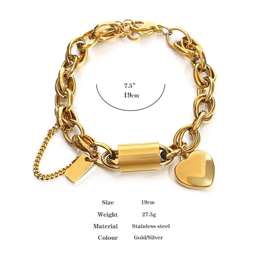 Heart Lock Stainless Steel Charm Bracelet Chunky Gold Plated Chain Love Bracelets Christmas Valentine Gift-Dollar Bargains Online Shopping Australia