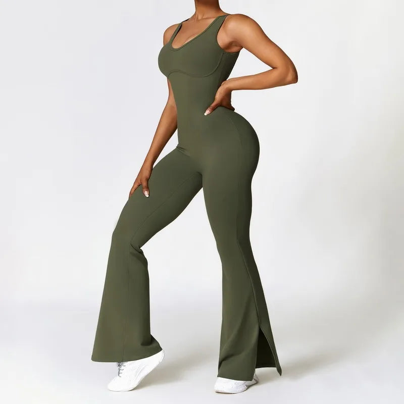 Woman Gym Outfits Fashion Seamless Sporty Jumpsuit With Flare Pants One Piece Yoga Dance Jumpsuit Female Fitness Sport Overalls