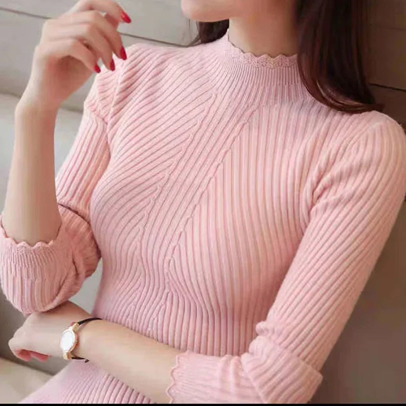 Women Mock Neck Ruffles Sweater Long Sleeve Knitted Pullovers Sweater-Dollar Bargains Online Shopping Australia