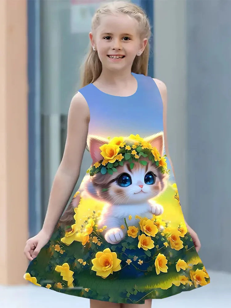 Summer Dress Girls Kids Clothes Casual Sleeveless O-neck Cat 3D Print Children Princess Dress-Dollar Bargains Online Shopping Australia