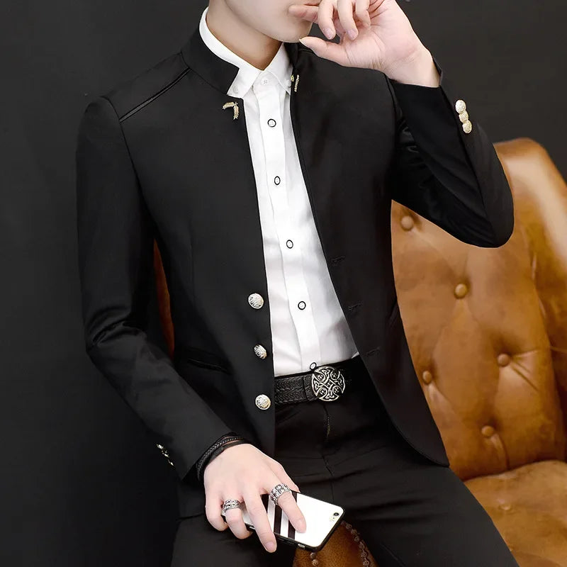 Men's Stand Collar Casual Suit Jackets Solid Color Stitching Three Button Mens Blazer Coats