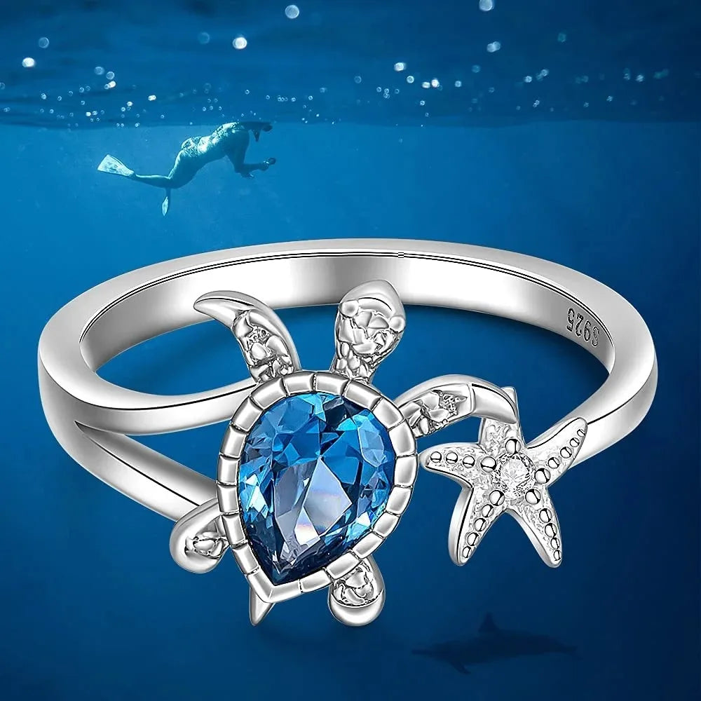 Sea Turtle Starfish Rings for Women Blue Topaz Cute Ocean Animal Cubic Zirconia Jewelry Girl Birthday Party-Dollar Bargains Online Shopping Australia