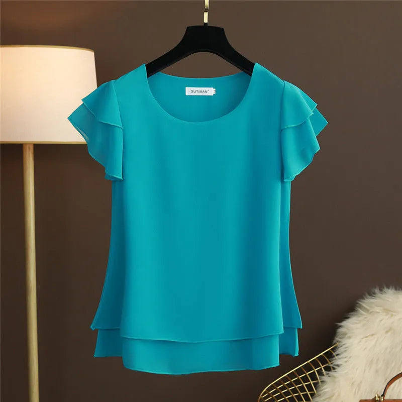 Women Blouse Loose O-Neck Chiffon Shirt Female Short Sleeve Oversized Shirts-Dollar Bargains Online Shopping Australia