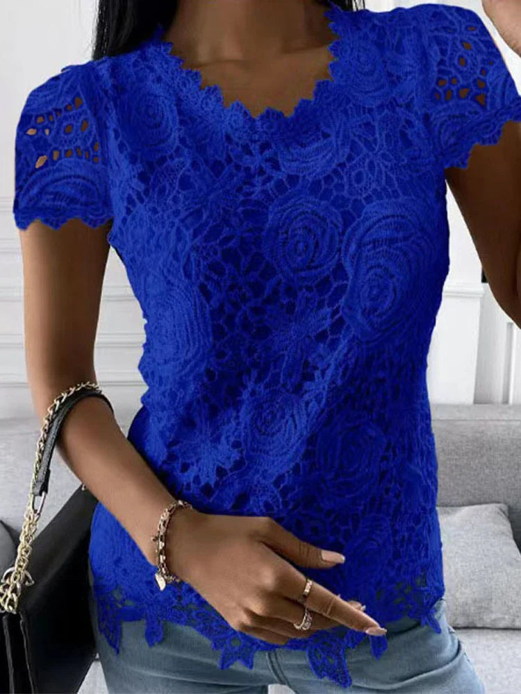 Women Lace Blouse Tops Summer V Neck Short Sleeve Lace Patchwork OL Blouse Shirts-Dollar Bargains Online Shopping Australia