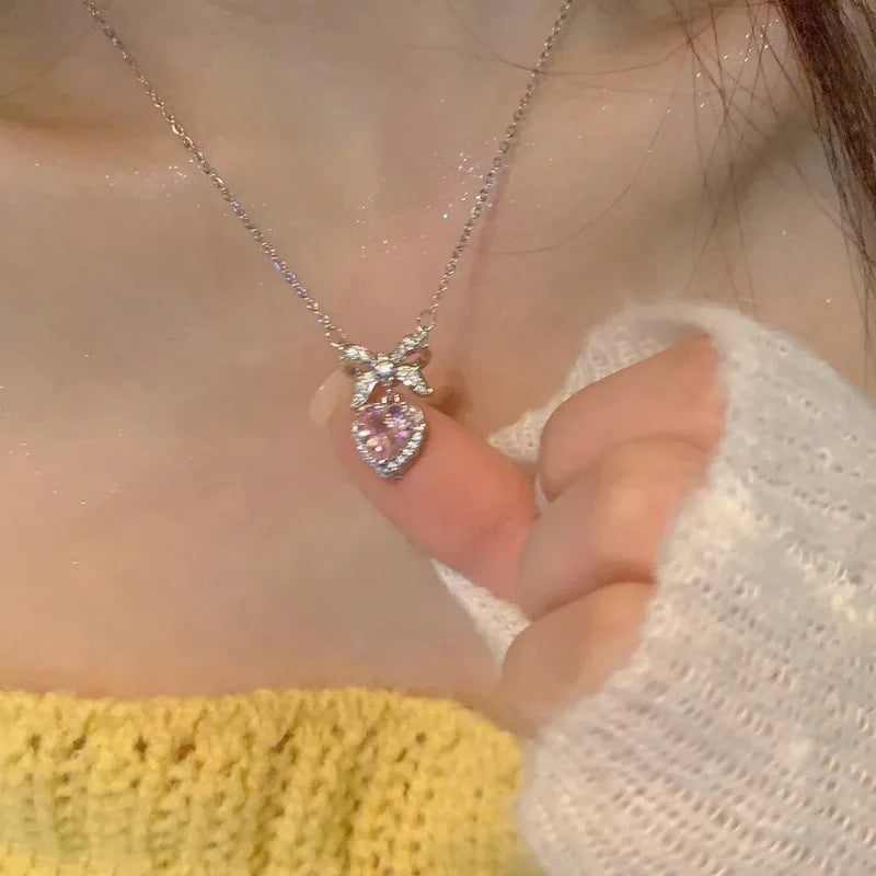 Shiny Y2K Pink Heart Necklace for Women Sweet Cool Teens Kpop Bowknot Rhinestone Delicated Clavicle Chain Choker Party Jewelry-Dollar Bargains Online Shopping Australia