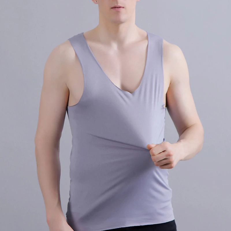 Silk Tank Tops Seamless Mens Vest Sleeveless Sport Bodysuit Vest For Men Clothing Plain Casual Summer Tank Undershirts Cool Gym