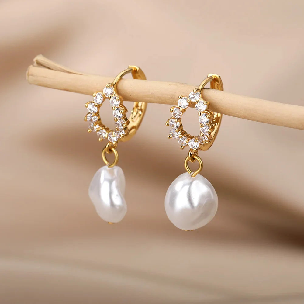 Fashion Circle Imitation Pearl Drop Earrings for Women Gold Color Stainless Steel Round Geometric Hoop Earring Wedding Jewelry-Dollar Bargains Online Shopping Australia