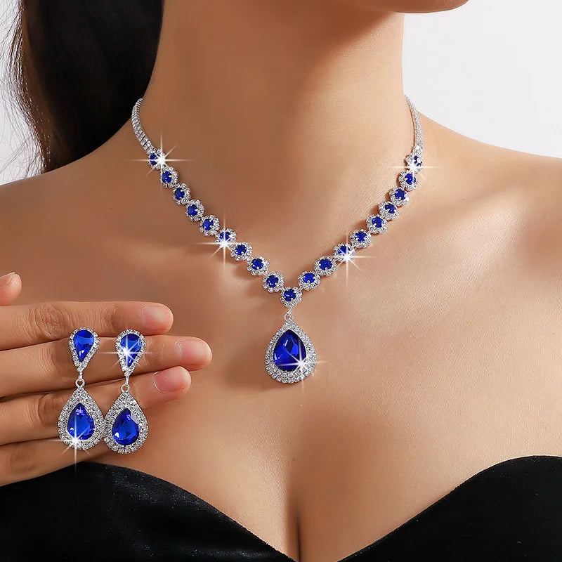 Luxury Red Green Blue Crystal Necklace Earrings For Women Water Drop Pendant Wedding Bride Jewelry Sets-Dollar Bargains Online Shopping Australia