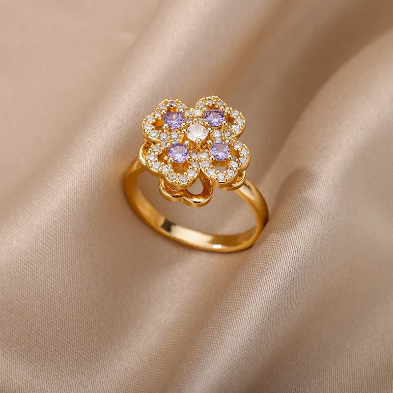 Pink Zircon Flower Rings for Women Gold Color Stainless Steel Ring Elegant Luxury Aesthetic Jewelry-Dollar Bargains Online Shopping Australia