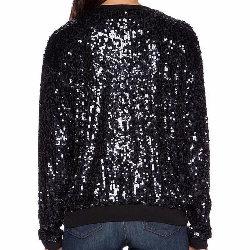 Women Black Sequin Bomber Jacket Loose Stand Collar Casual Velour Coat Zip Up Baseball Jacket-Dollar Bargains Online Shopping Australia