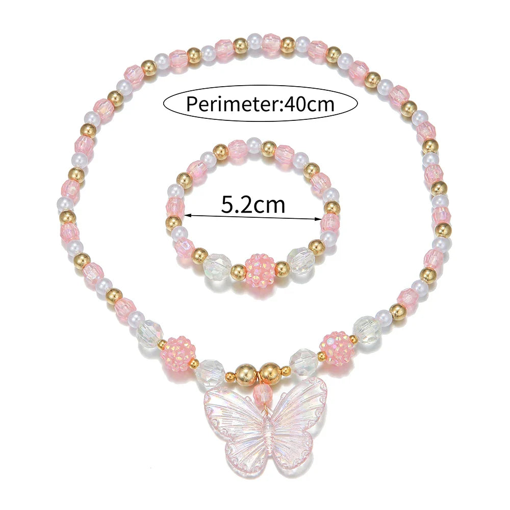 2Pcs/set Pink Butterfly Charm Necklace Bracelet Princess Girl Jewelry Set for Daughter Niece Children Best Party Birthday Gifts-Dollar Bargains Online Shopping Australia