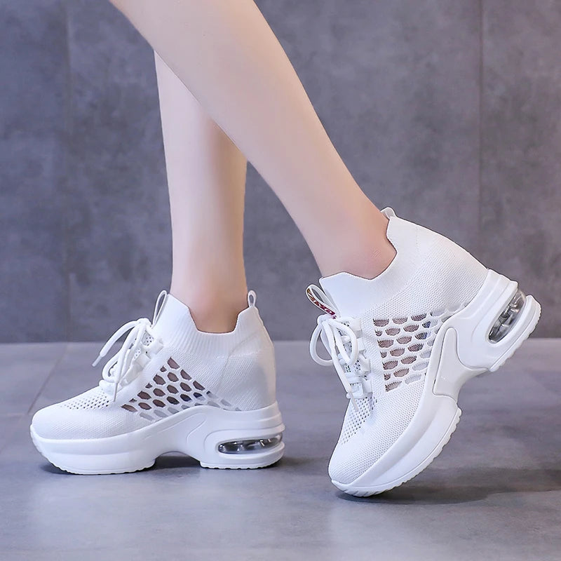 Breathable Mesh Sneakers Summer 9CM Hollow Out Sport White Shoes Woman Wedge Casual Chunky Shoes High Platform Dad Shoe Mujer