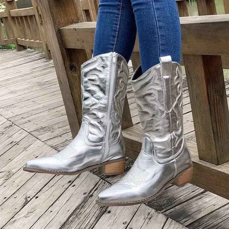 Gold Mid-calf Boots Woman Side Zipper Silver Pointed Western Cowboy Retro Fashion Black Boots Plusn-Dollar Bargains Online Shopping Australia