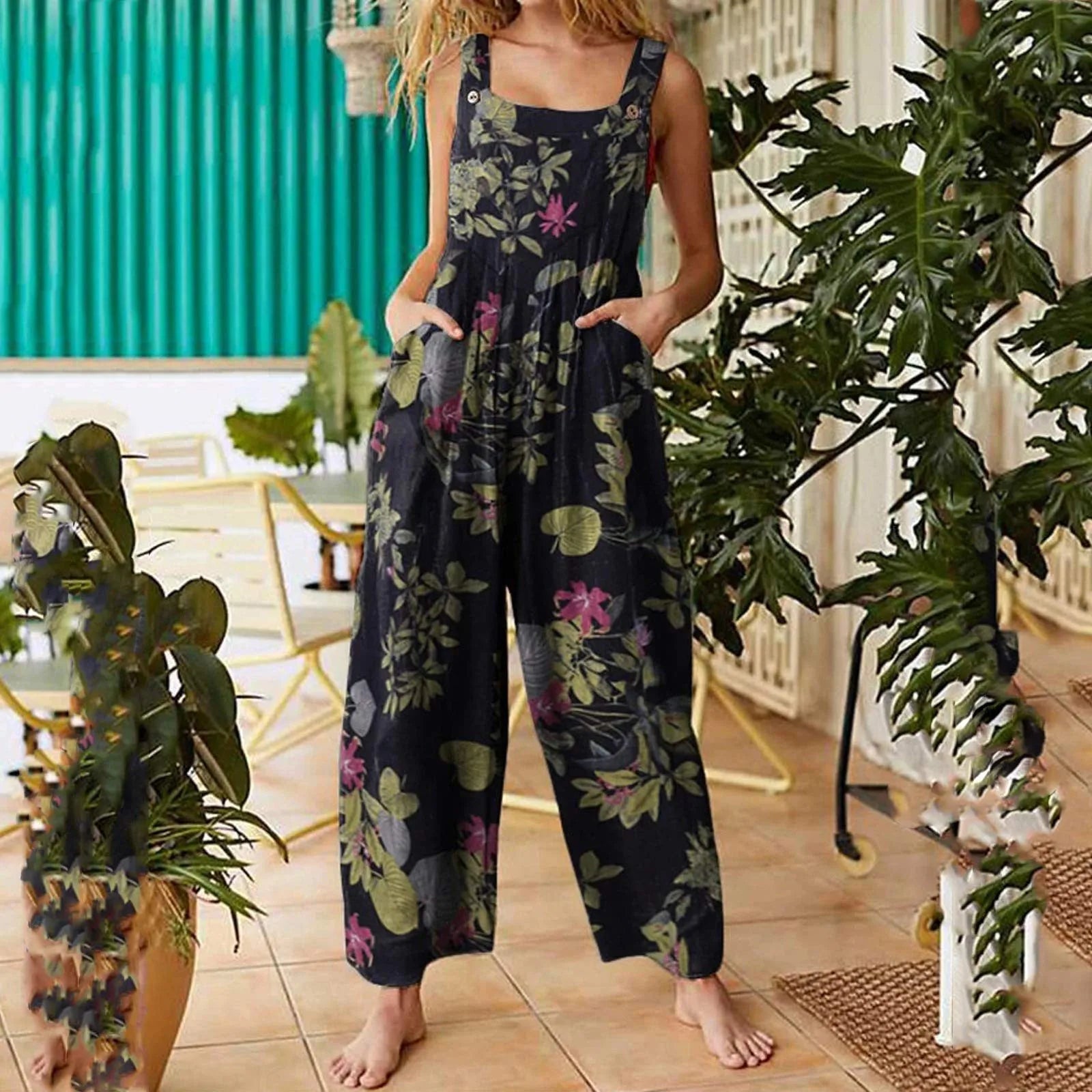 Ethnic Style Patchwork Floral Printed Retro Jumpsuit With Button And Pocket Fashion Colorful Adjustable Strap Pants-Dollar Bargains Online Shopping Australia